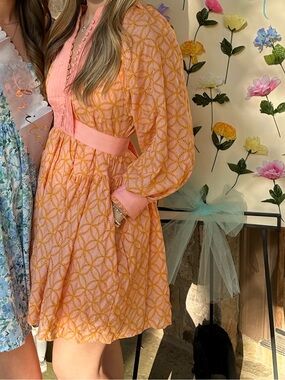 Geometric Pink-Orange Mini Dress with Waistband